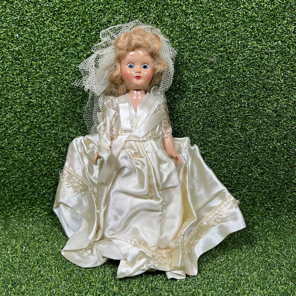 Vintage 1950s 8" Hard Plastic Bride Doll Sleep Eyes Blonde Satin Wedding Gown